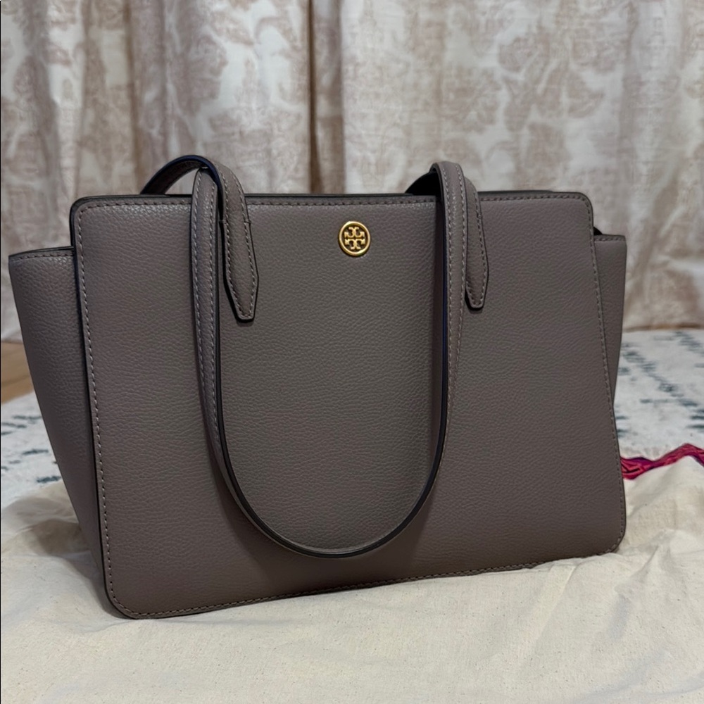 Tory Burch Robinson Gray Structured Leather Tote